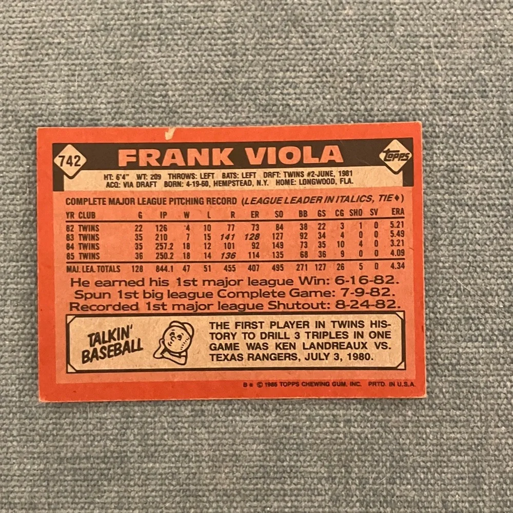 1986 Topps Minnesota Twins Baseball Card - Picture 2 of 2